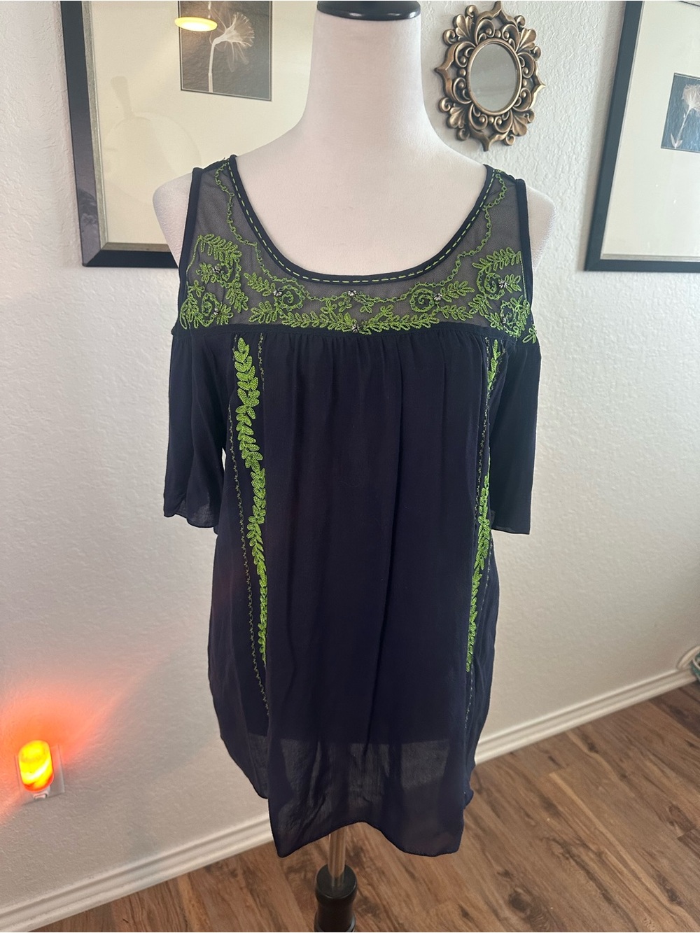 Krista Lee Asmara Cold Shoulder & Lime Green Embroidered Top